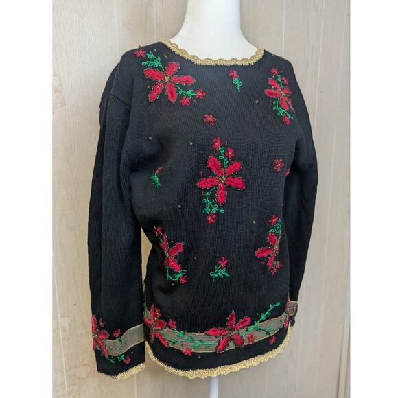 Vintage Studio Joy black beaded holiday christmas Poinsetta sweater size large - Picture 2 of 8